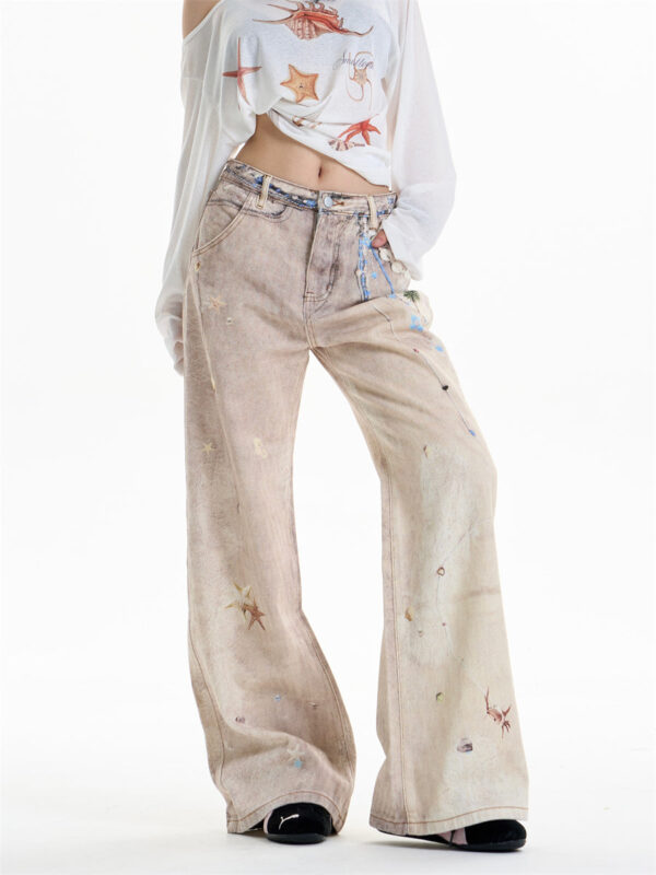 retro chain print worn jeans women's straight wide leg pants