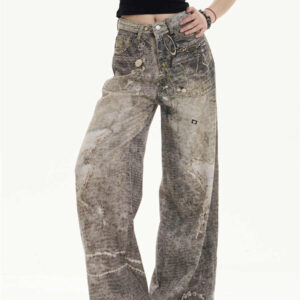 retro washed worn jeans loose straight wide leg pants
