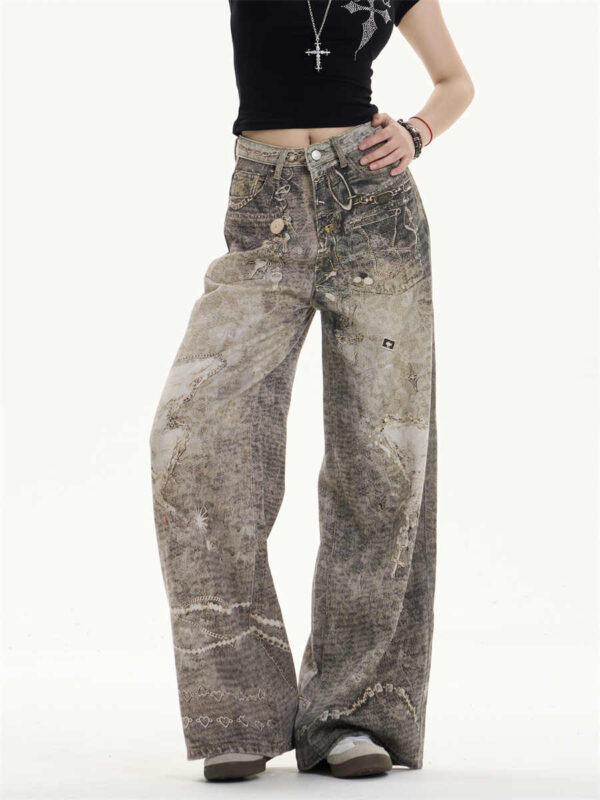 retro washed worn jeans loose straight wide leg pants