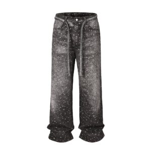 men's washed loose wide leg full diamond printed stacked jeans