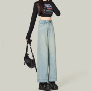 small loose slim retro blue high waist nine points straight jeans