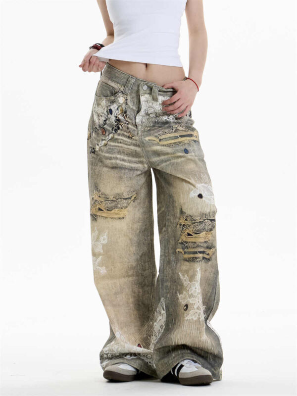 cross printed jeans women's wide leg pants