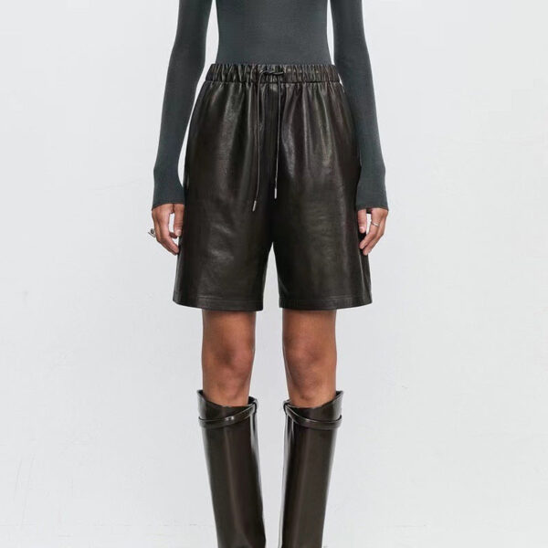sheepskin elastic waistband all match casual straight leg leather shorts women