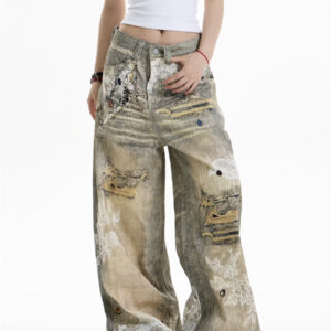 cross printed jeans women's wide leg pants