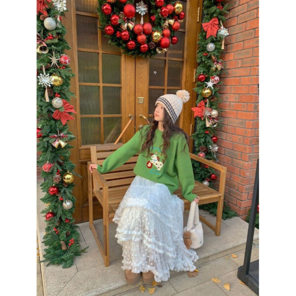 lace stitching high waist mid length skirt